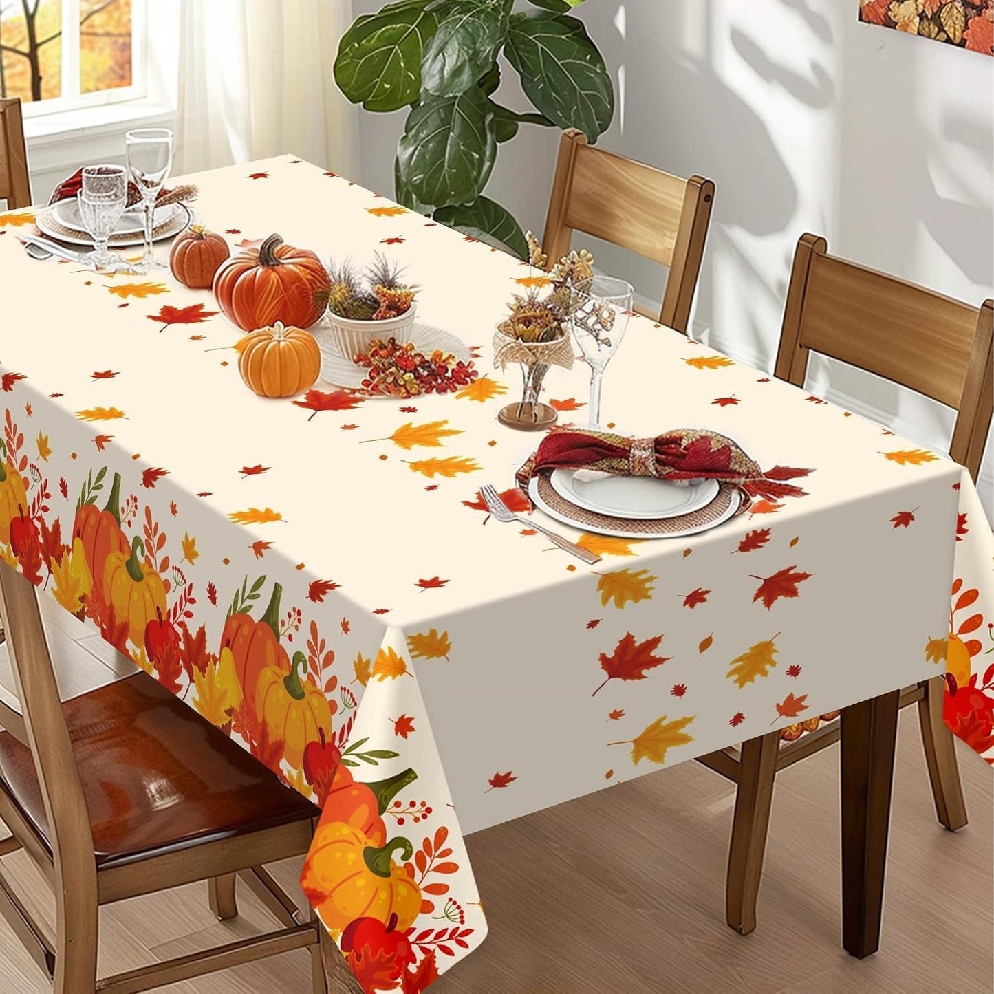 3 Pack Pumpkin Maple Leaf Thanksgiving Tablecloths, 54x108 Inch Disposable Fall Table Covers for Rectangular Tables