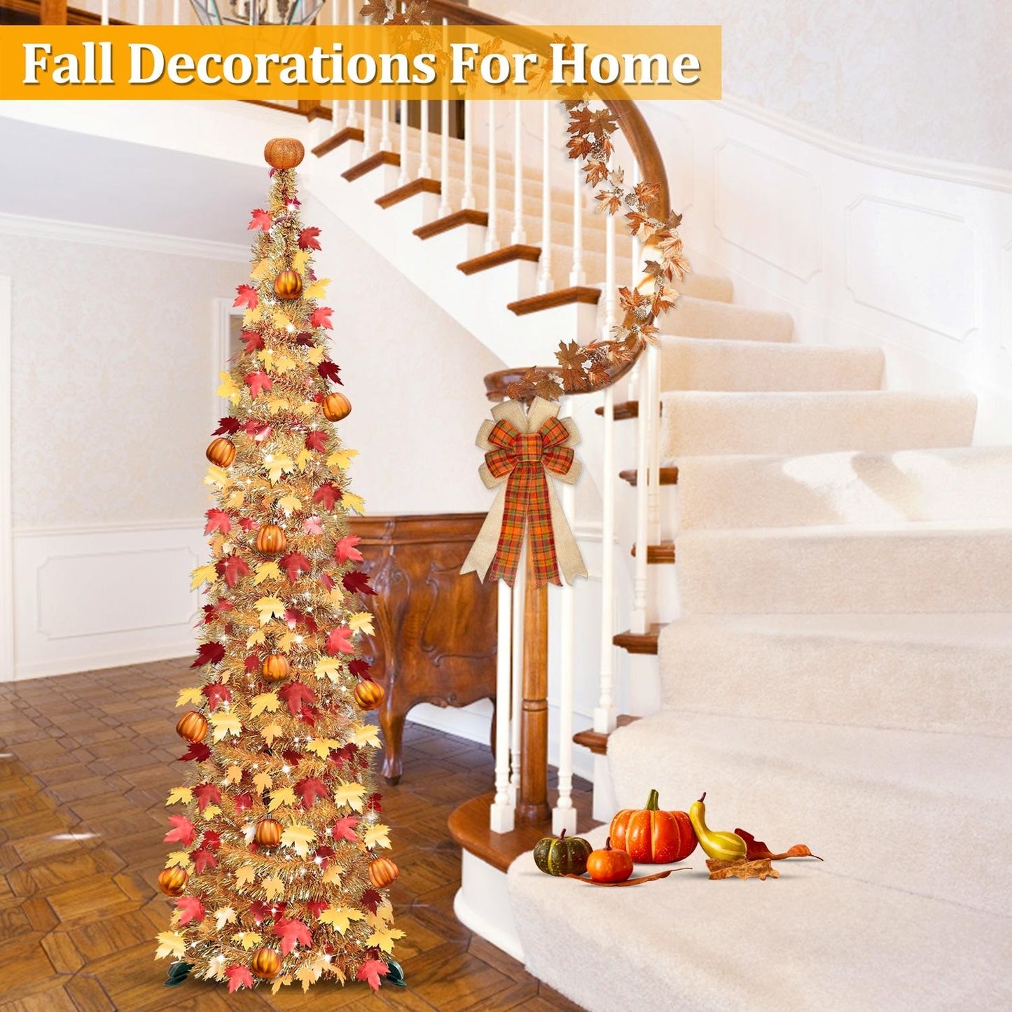 5 Ft Lighted Maple Leaf Tree, Waterproof Tinsel Fall Decoration with 50 Warm White LED Lights and Pumpkin Ornaments, Battery Operated Thanksgiving Decor