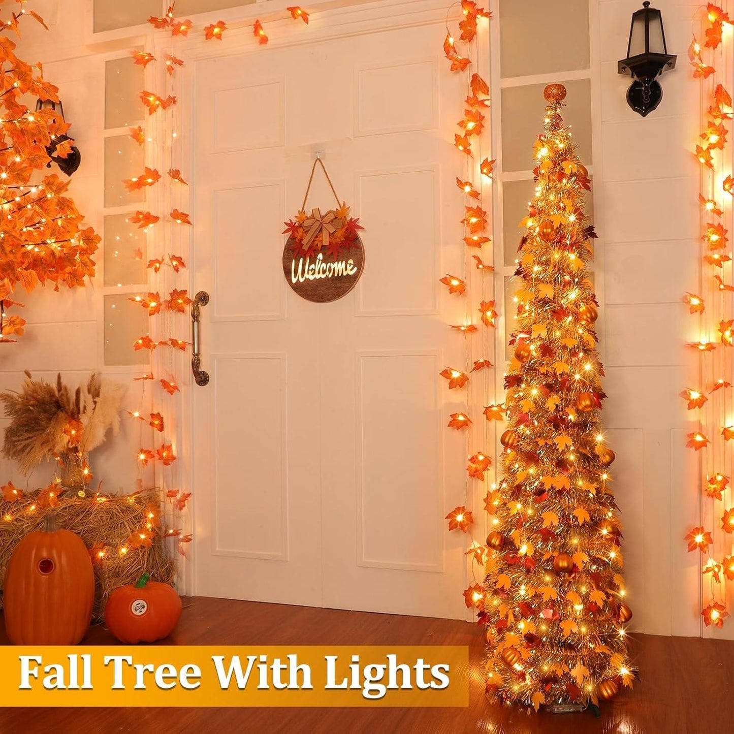 5 Ft Lighted Maple Leaf Tree, Waterproof Tinsel Fall Decoration with 50 Warm White LED Lights and Pumpkin Ornaments, Battery Operated Thanksgiving Decor