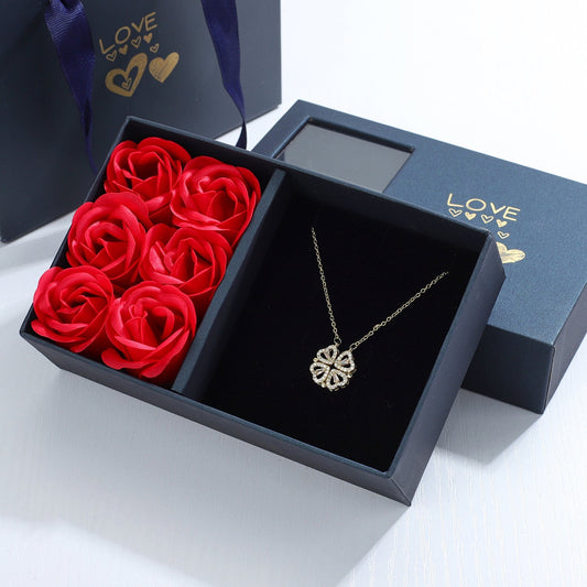 Four Heart Clover Pendant Necklace with Preserved Roses and Gift Box