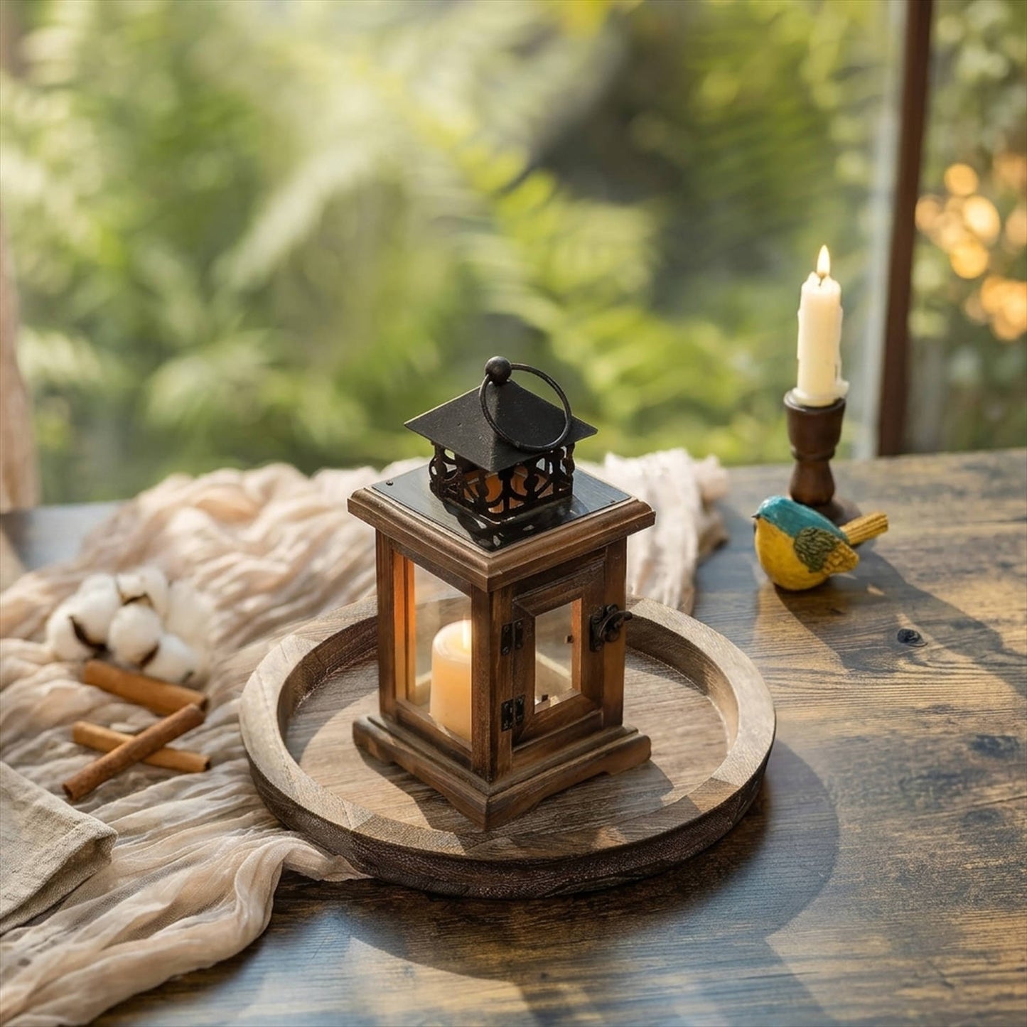 Round Wooden Candle Holder Tray, Distressed Finish Decorative Centerpiece for Coffee Table, Rustic Farmhouse Home Decor