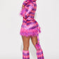 Womens Pink Kitty Costume Set with Fuzzy Hooded Dress and Leg Warmers