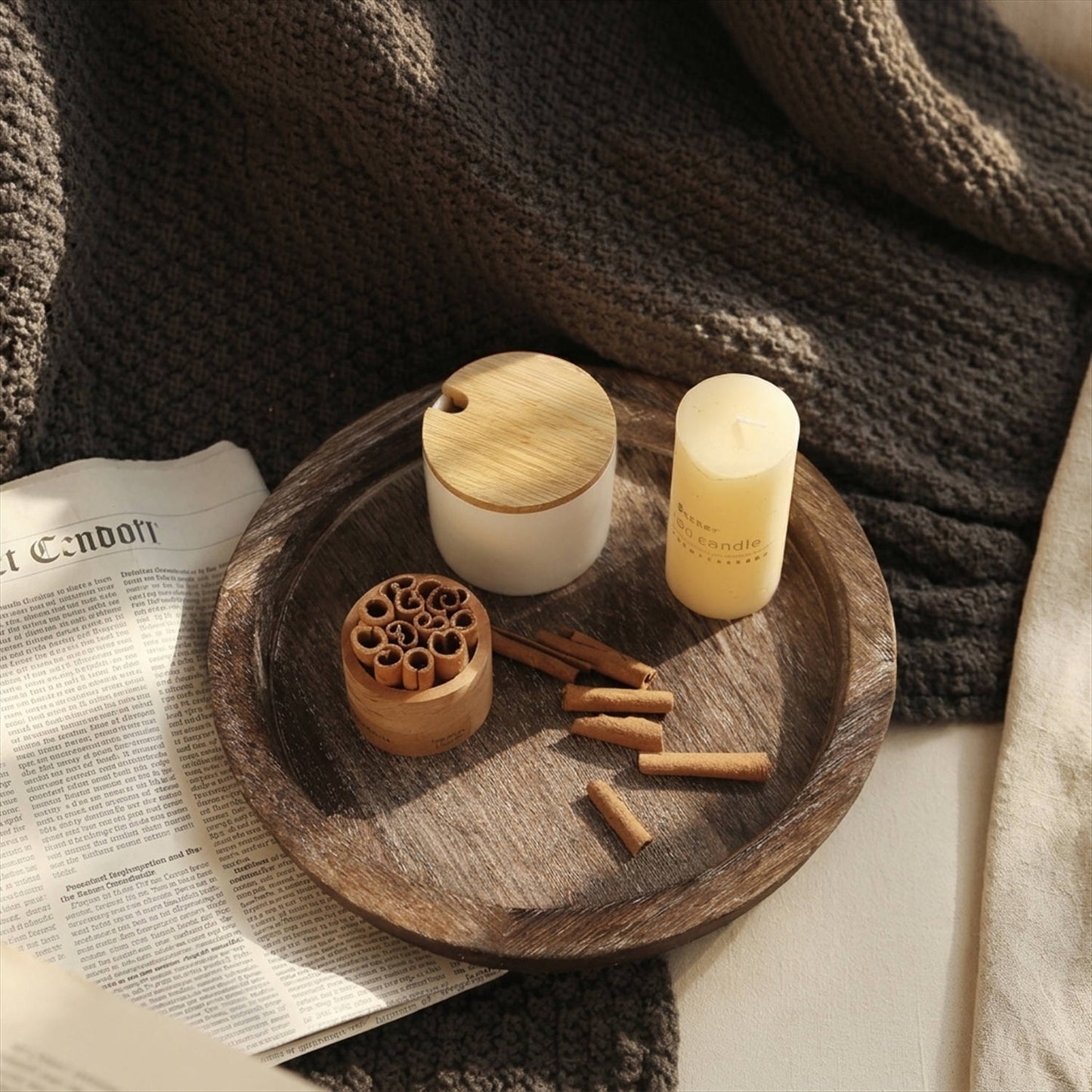 Round Wooden Candle Holder Tray, Distressed Finish Decorative Centerpiece for Coffee Table, Rustic Farmhouse Home Decor