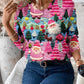Womens Pullover Sweater with Multicolor Christmas Pattern and Scalloped Hem Detail