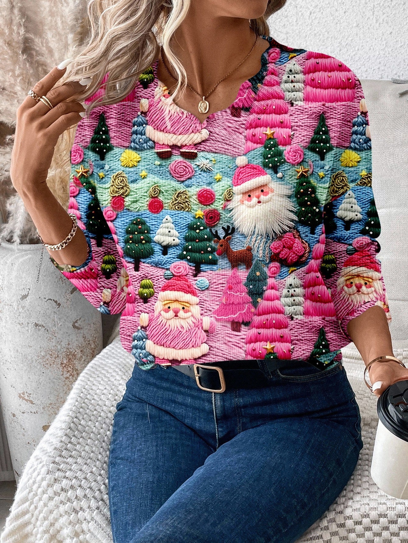 Womens Pullover Sweater with Multicolor Christmas Pattern and Scalloped Hem Detail