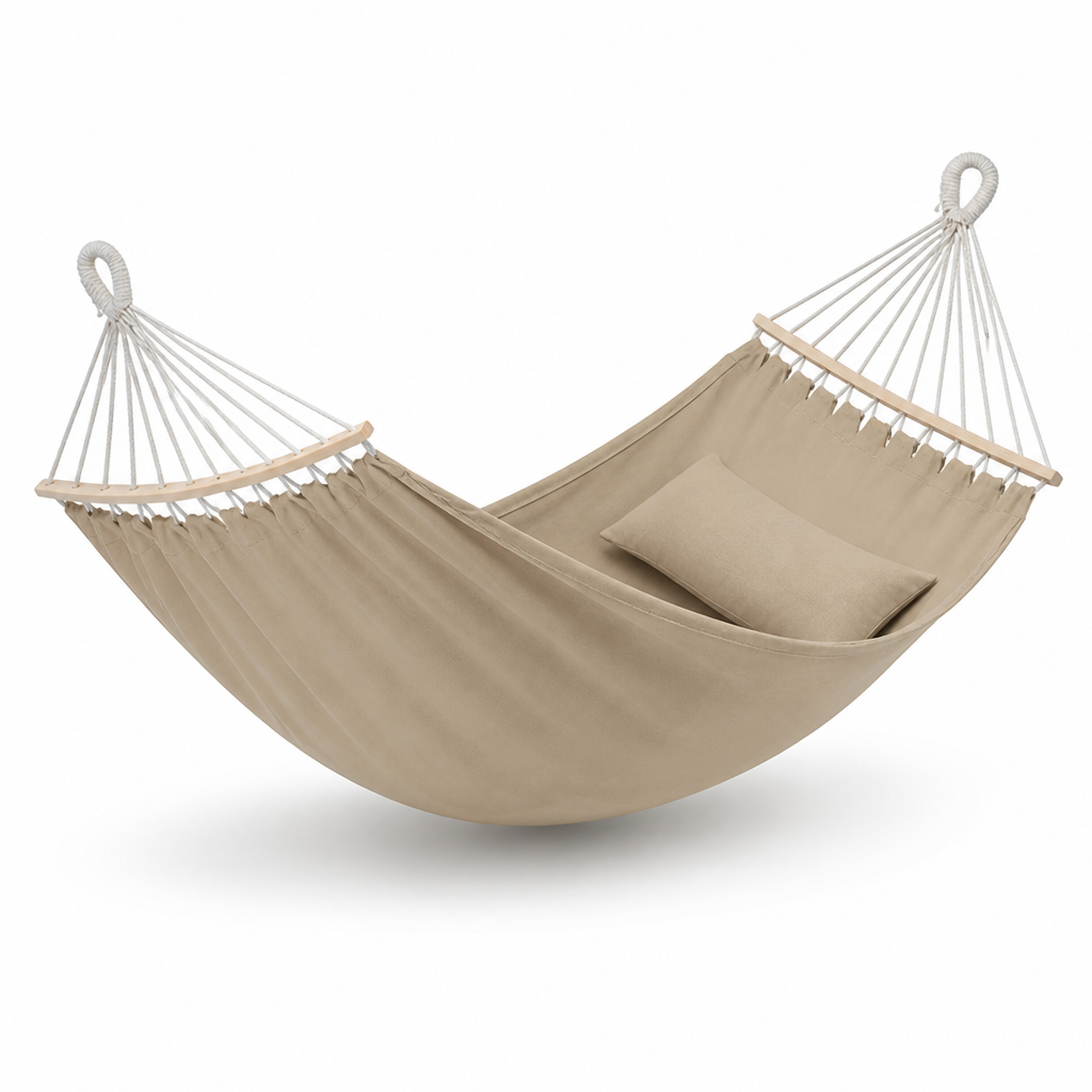 Cotton Canvas Hammock for Two with Braided Suspension Ropes and Carry Bag