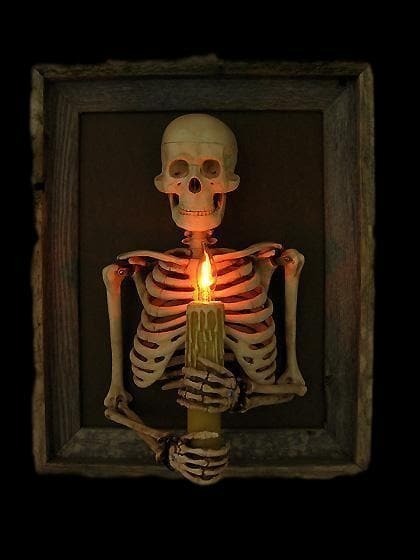 Framed Skeleton Torso Wall Display with Flashing Candle Bulb and Wooden Frame