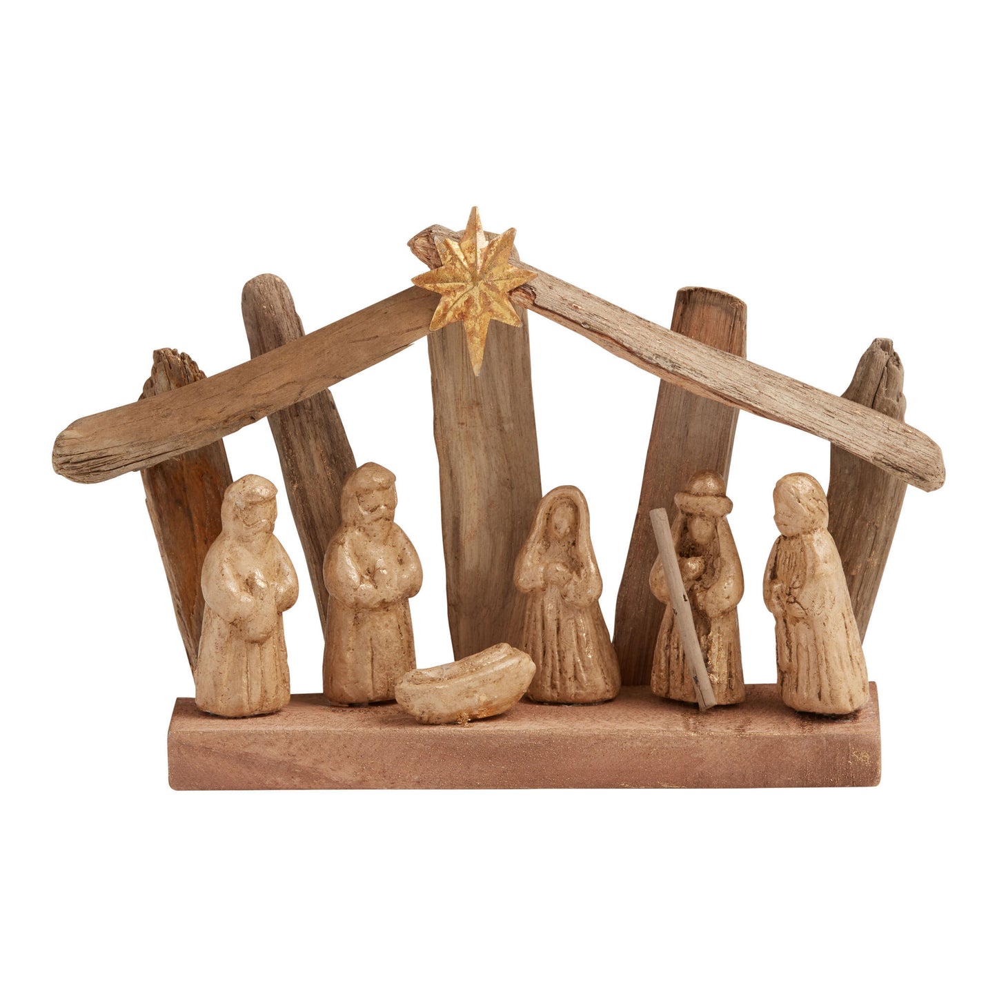 Nativity Creche Set with Driftwood Stable and Gold Washed Figures, Metal Star