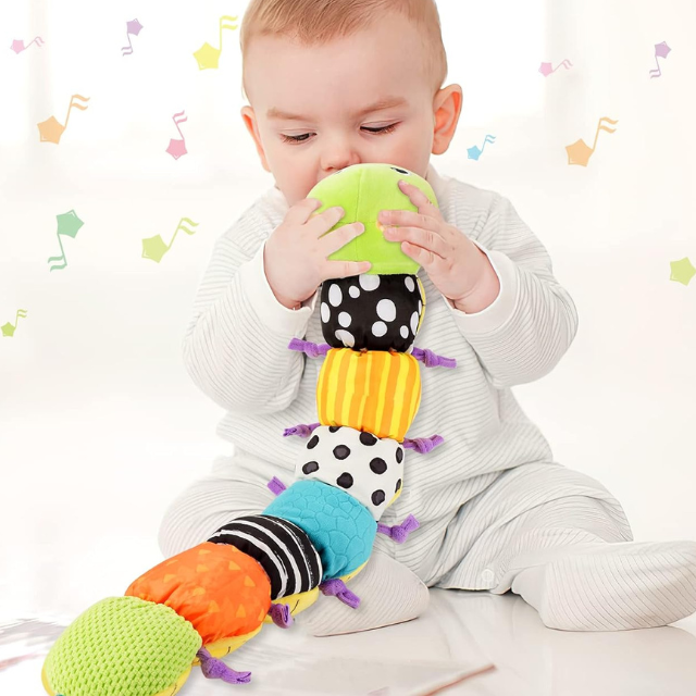 Plush Caterpillar Rattle with Crinkle Sounds and Musical Melodies for Tummy Time