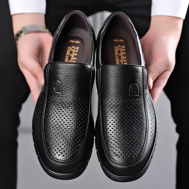Mens Slip-On Loafers with Flat Sole and Breathable Cowhide Upper