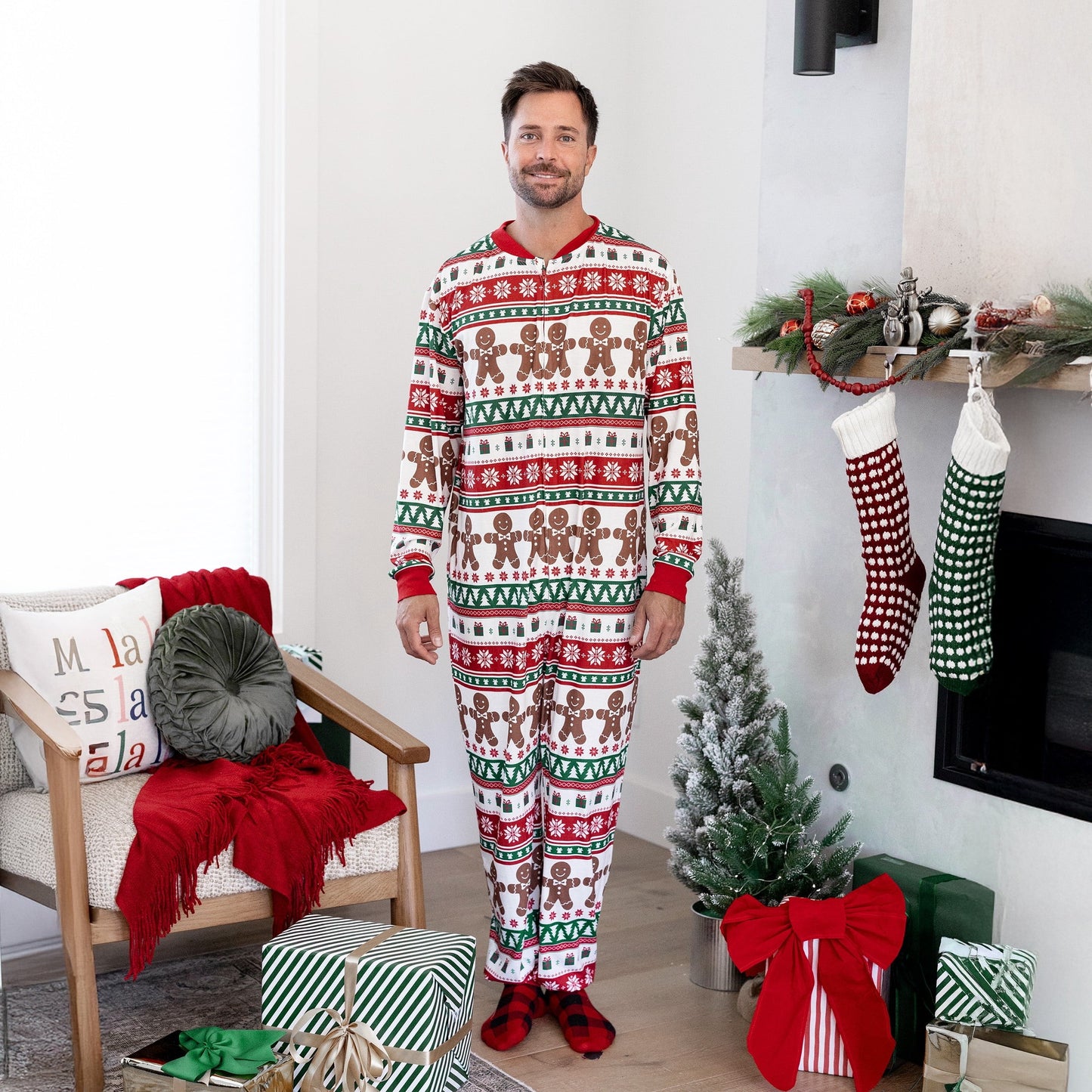 Matching Family Christmas Pajamas with Gingerbread and Tree Festive Print