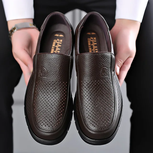 Mens Slip-On Loafers with Flat Sole and Breathable Cowhide Upper