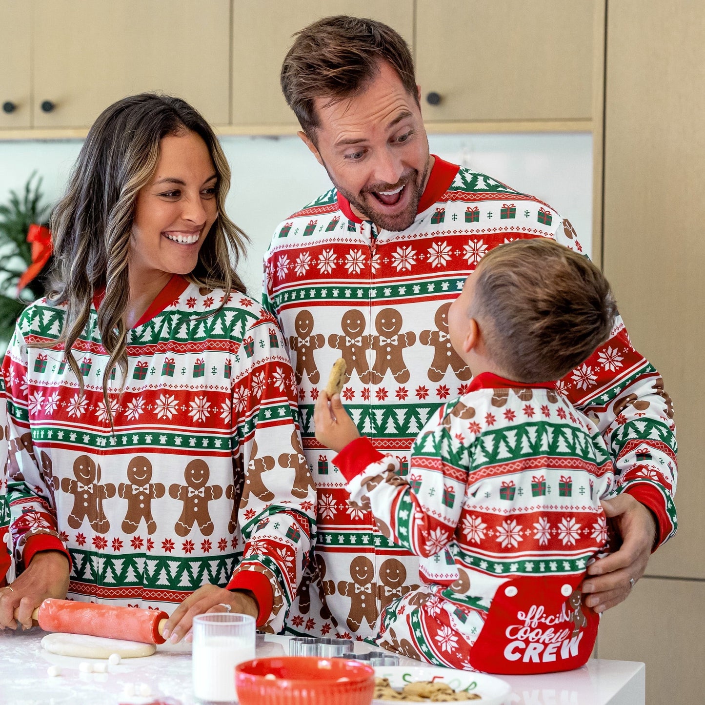 Matching Family Christmas Pajamas with Gingerbread and Tree Festive Print