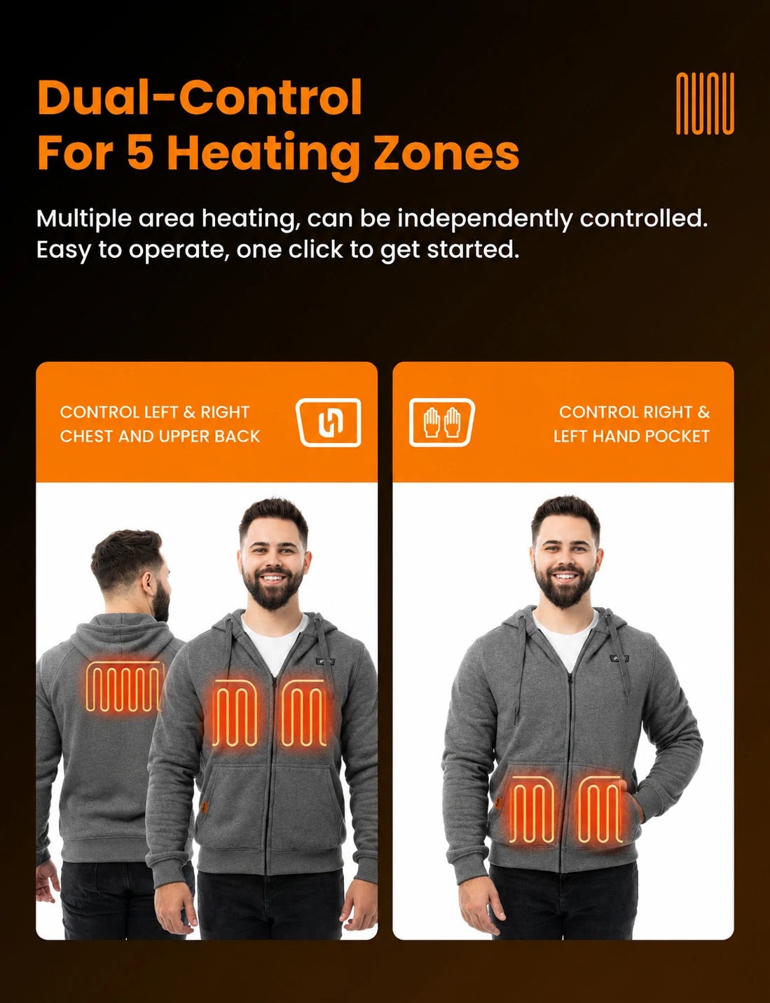 Mens Electric Heated Zipper Sweatshirt with Rechargeable Battery Pack and Dual Heating Zones
