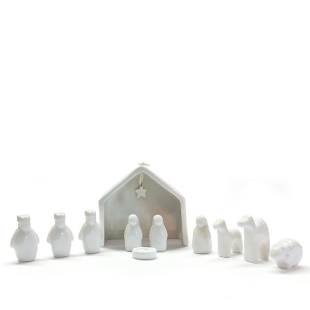 Nativity Scene Set with Nine Porcelain Figures and Stable Frame