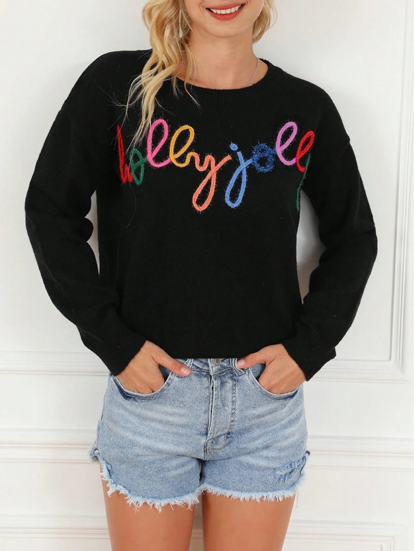 Womens Pullover with High Stretch Rib Knit and Front Panel, Black