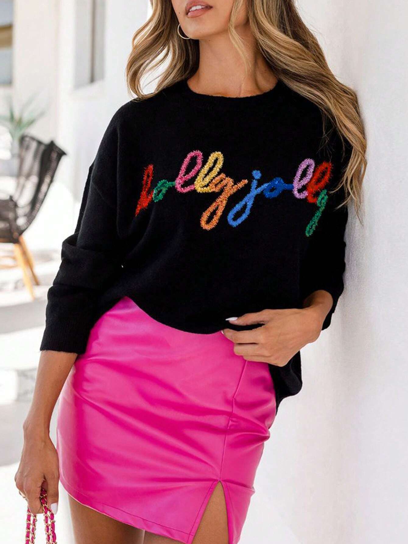 Womens Pullover with High Stretch Rib Knit and Front Panel, Black
