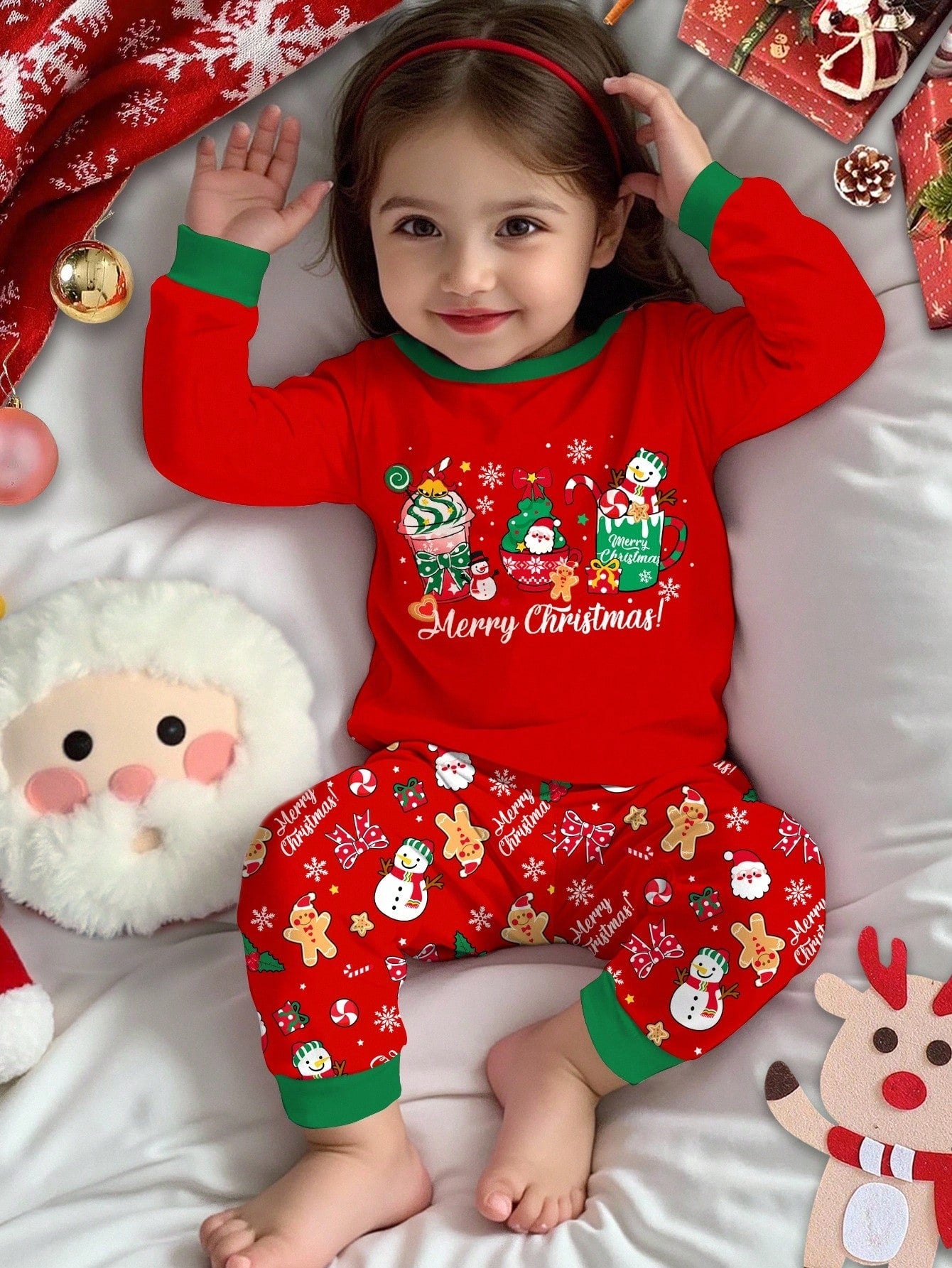 Childrens Lined Pajama Set with Holiday Graphics and Long Sleeves