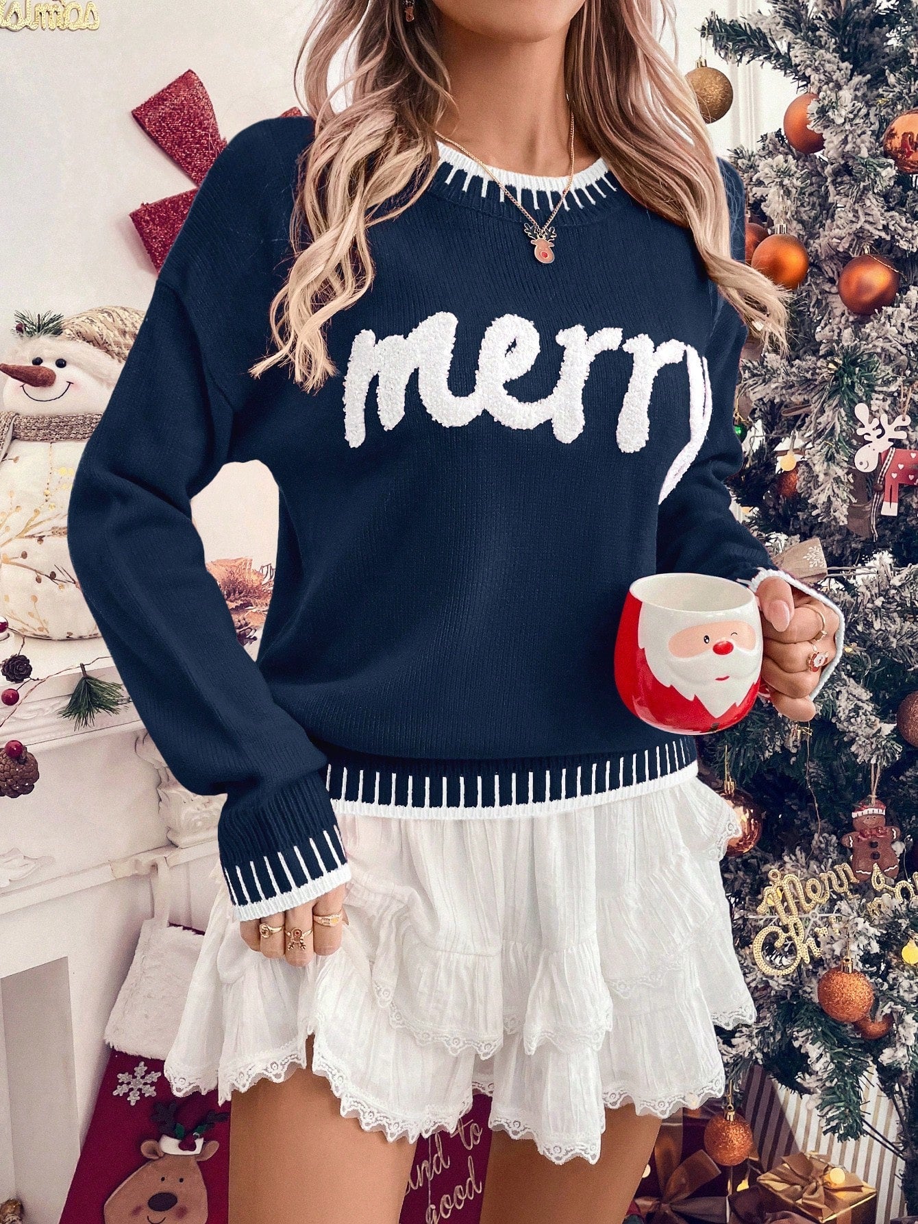 Womens Pullover Sweater with Festive Pattern and Drop Shoulder, Loose Fit
