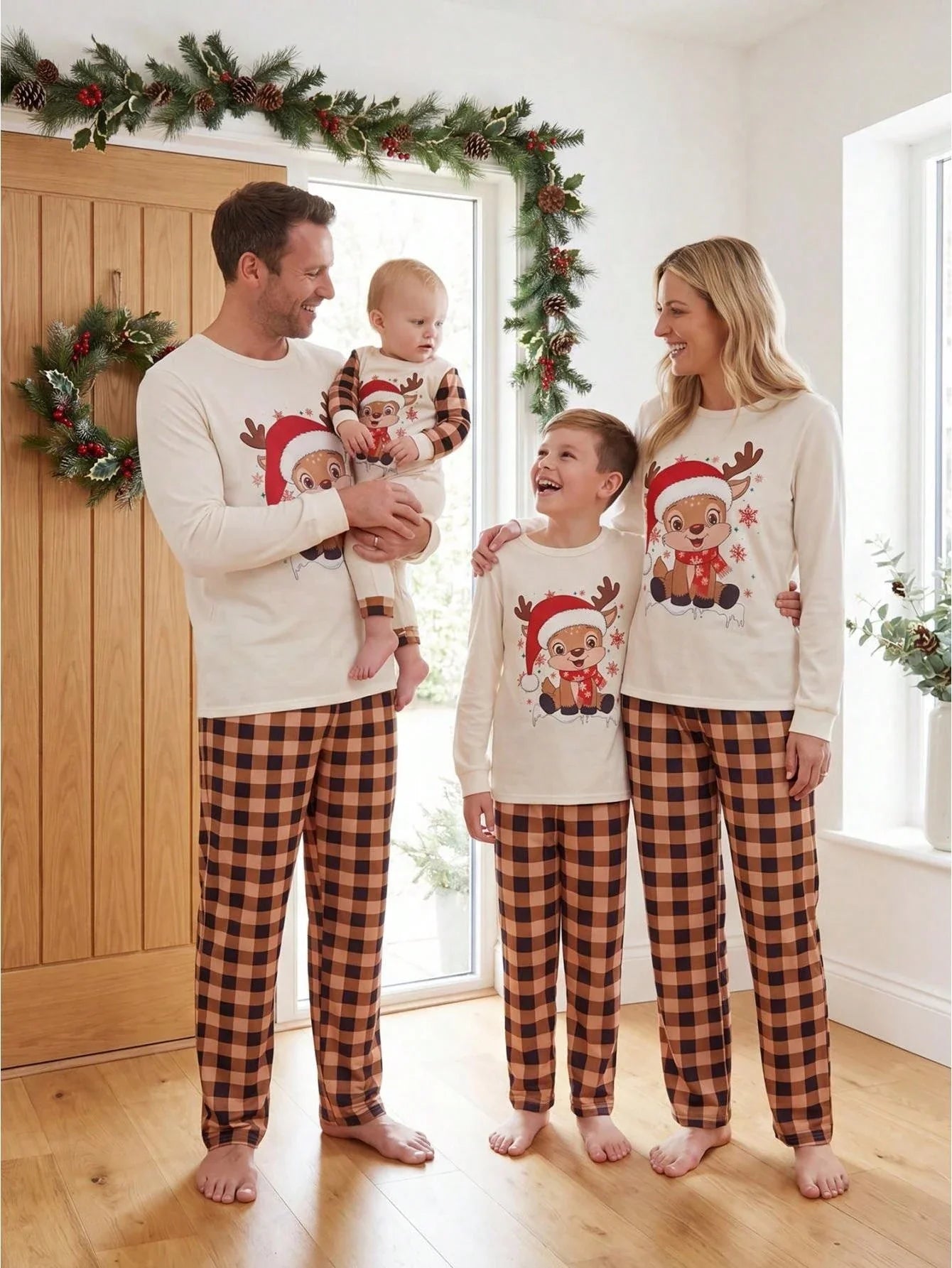 Plush Fuzzy Lounge Set with Christmas Pattern and Long Sleeves, Beige Pants