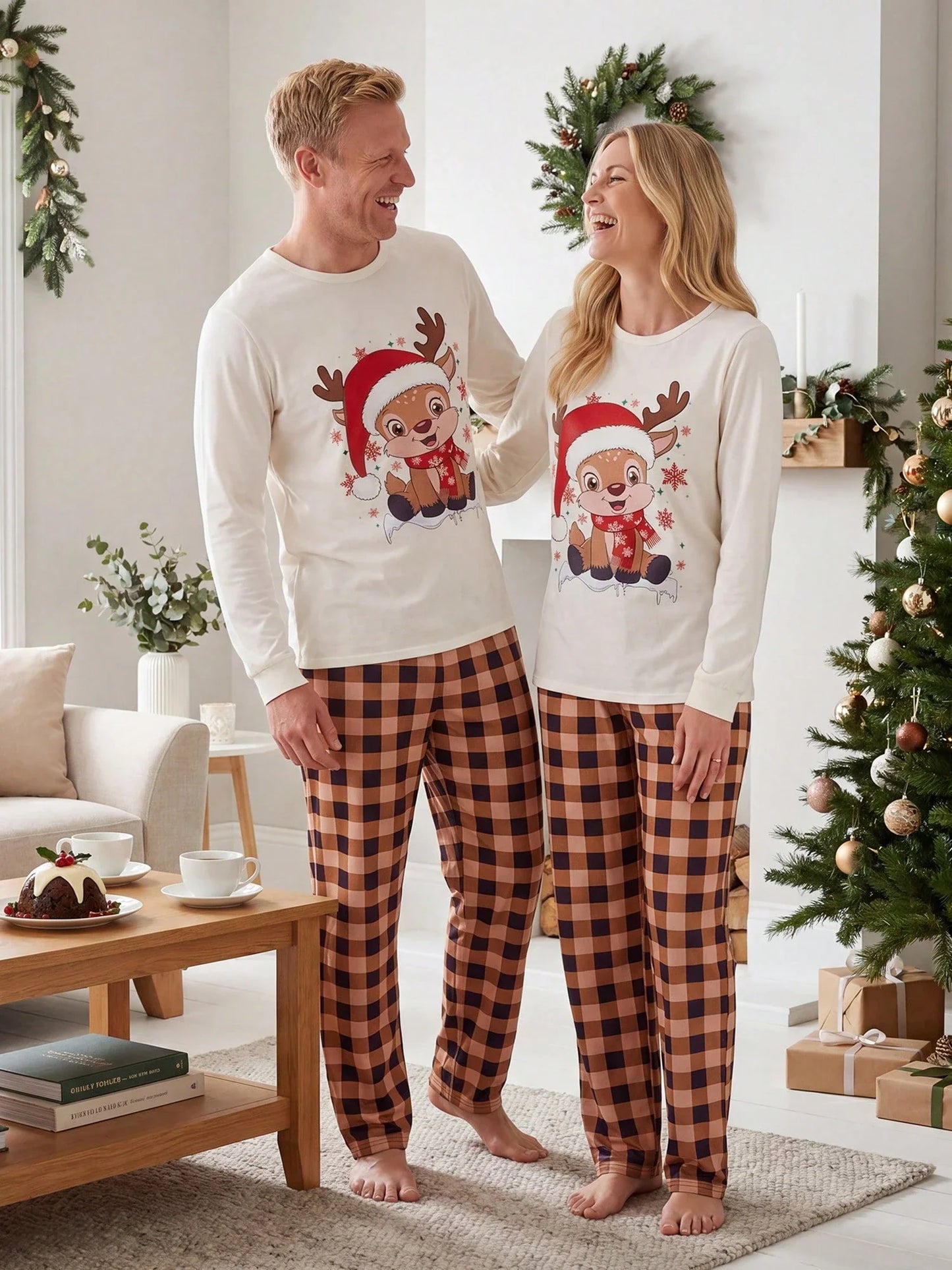 Plush Fuzzy Lounge Set with Christmas Pattern and Long Sleeves, Beige Pants