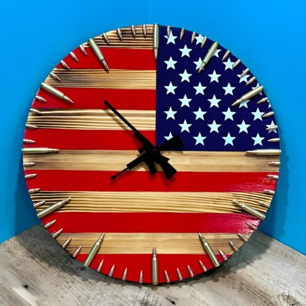Rustic Wall Clock with American Flag Design and Bullet Hour Markers