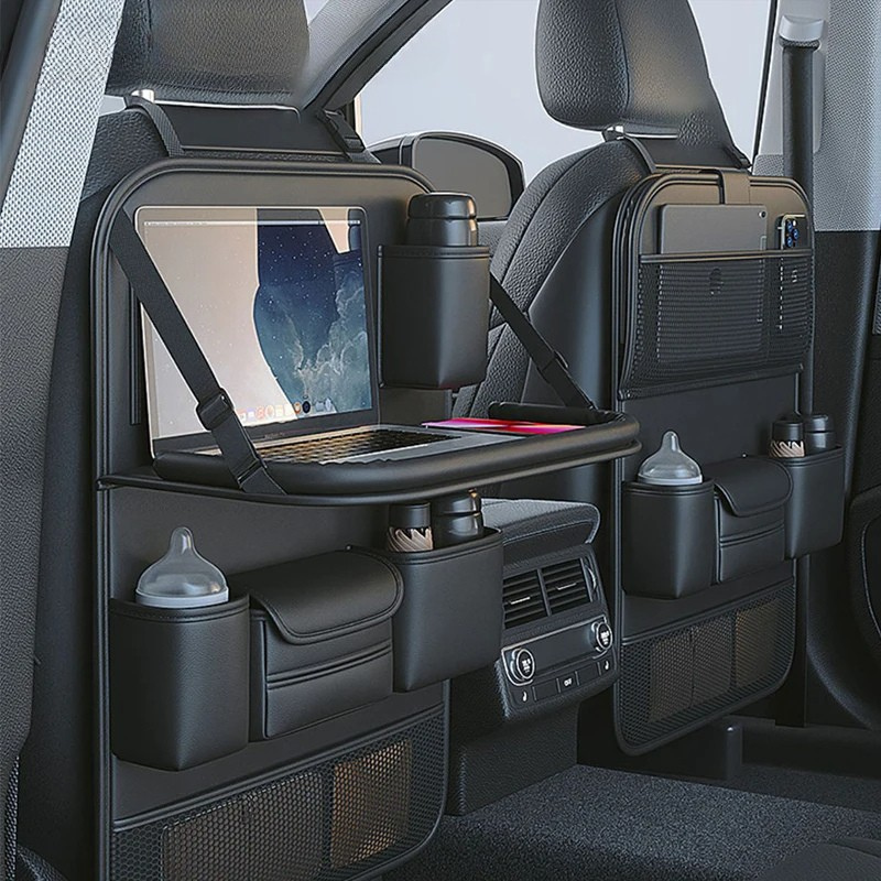 Back Seat Storage Organizer with Foldable Tray and Adjustable Device Holder
