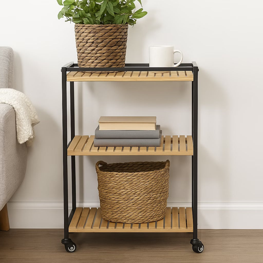 Bamboo Storage Trolley with Three Open Shelves and Rolling Wheels