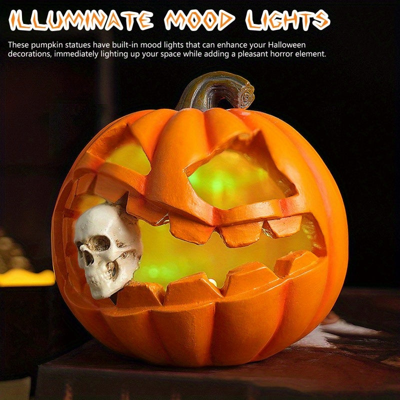 Carved Jack O Lantern Ornament with Skull Insert and Resin Construction