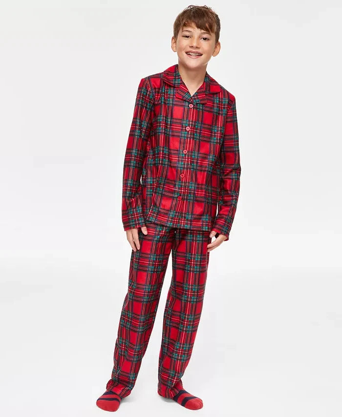 Plaid Button-Front Pajama Set with Elastic Waist Pants for Kids