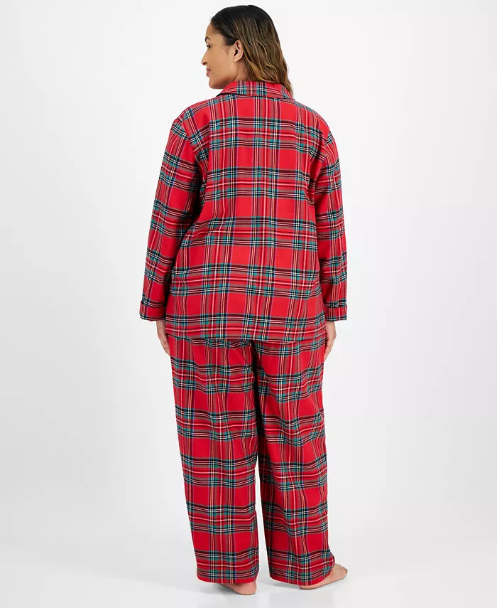 Plaid Flannel Pajama Set with Button Front Top and Elastic Waistband Pants