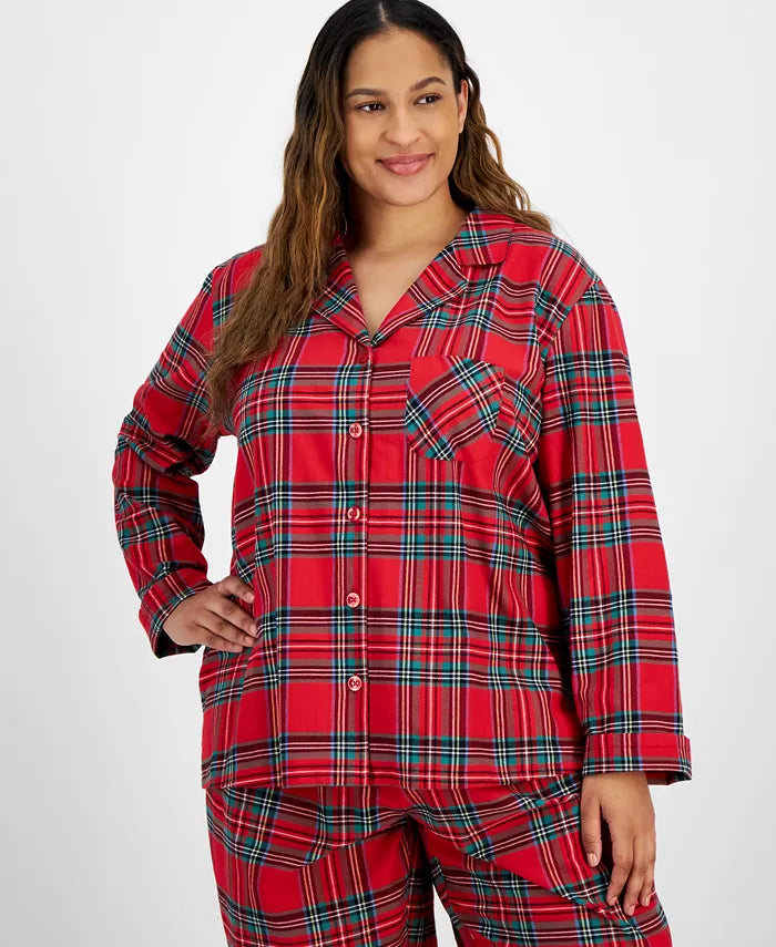 Plaid Flannel Pajama Set with Button Front Top and Elastic Waistband Pants