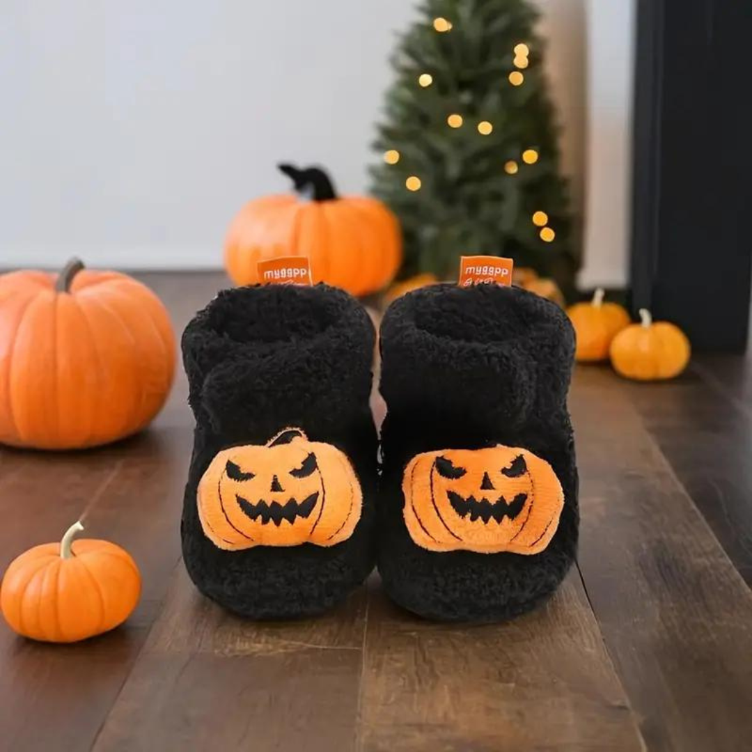 Children's Ankle High Fleece Slippers with Halloween Pumpkin and Spider Print