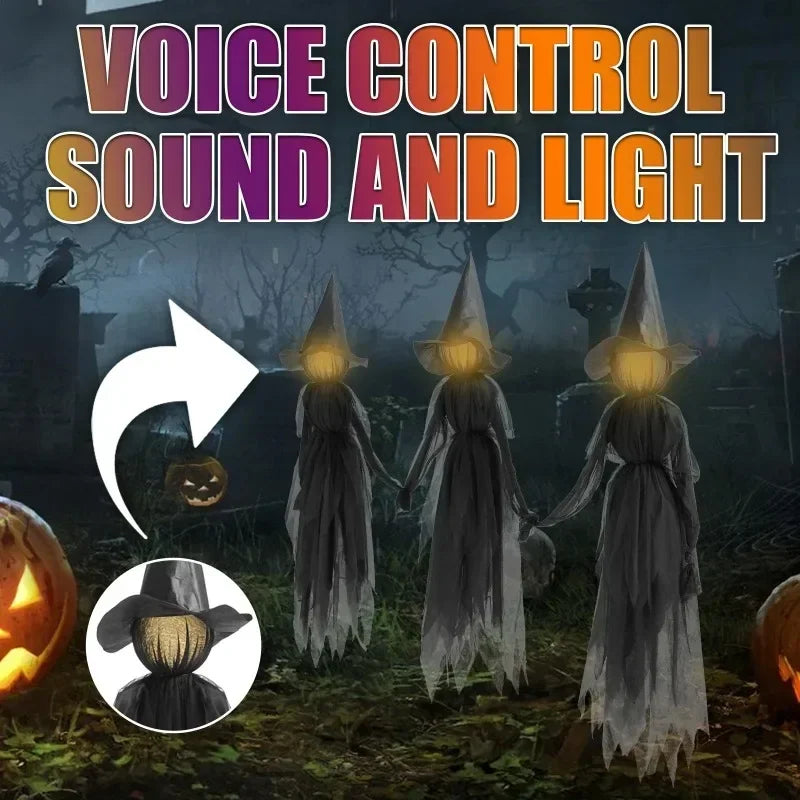 Glowing Witch Figures with Sound-Activated Sensors and Flickering Heads, Hand-Holding Formation