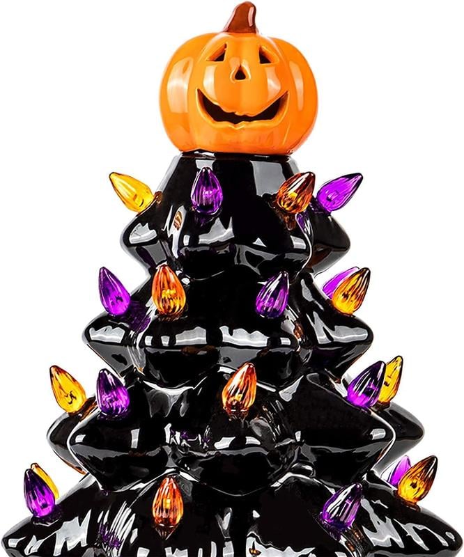 LED Ceramic Holiday Tree with Purple and Orange Beads and Hand-Painted Finish