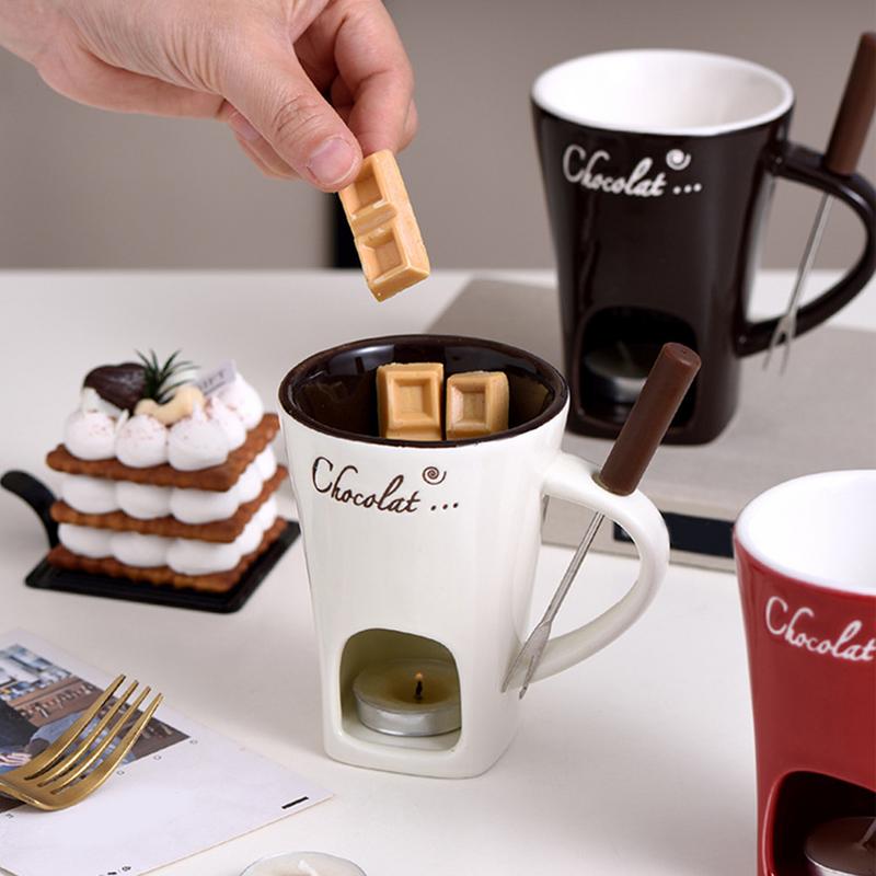 Chocolate Fondue Cup with Candle Holder and Stainless Steel Fork