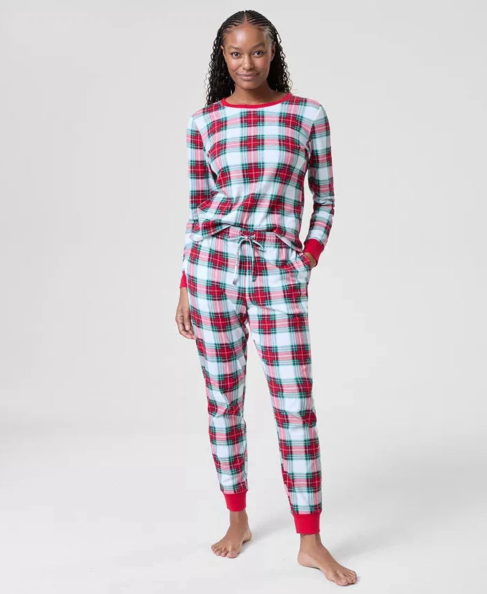 Woven Cotton Plaid Pajama Set with Drawstring Waist and Side Pockets, Machine Washable