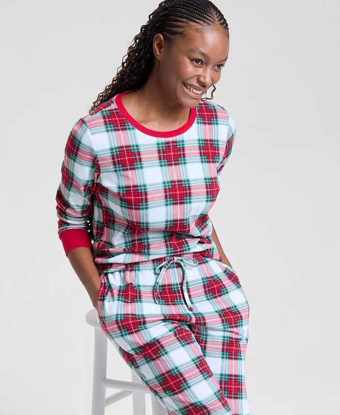 Woven Cotton Plaid Pajama Set with Drawstring Waist and Side Pockets, Machine Washable