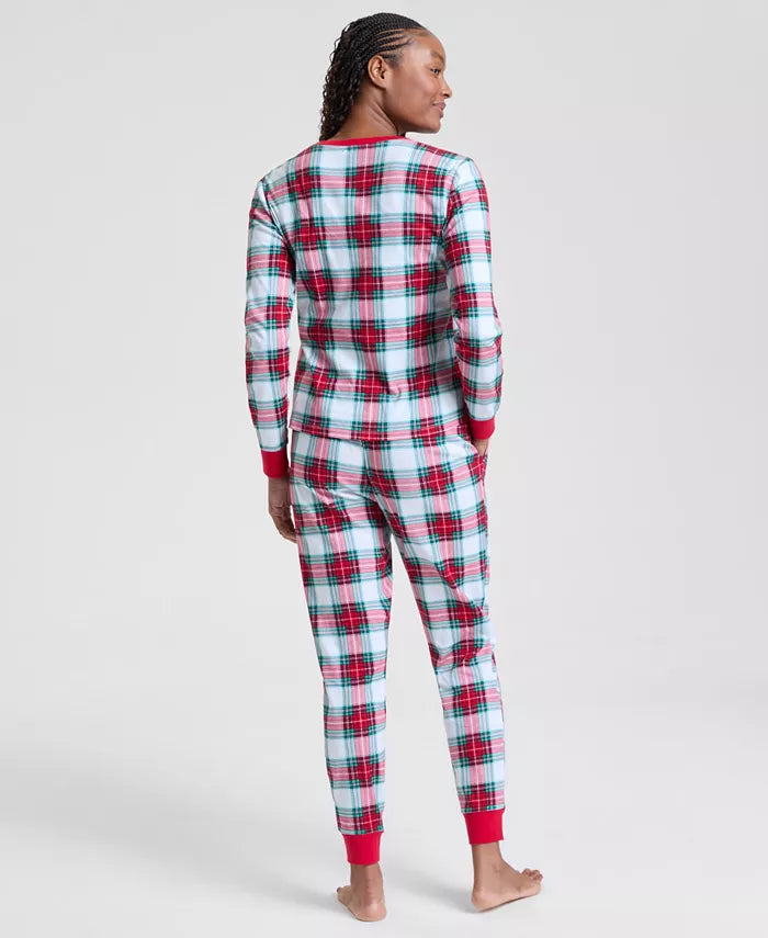 Woven Cotton Plaid Pajama Set with Drawstring Waist and Side Pockets, Machine Washable
