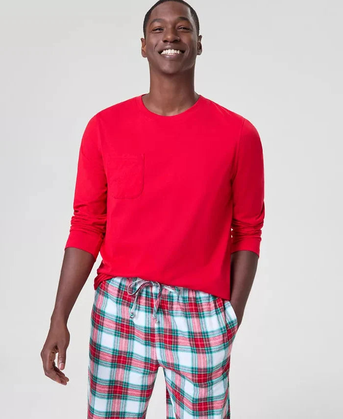 Plaid Flannel Pajama Set with Crew Neck Top and Elastic Drawstring Pants
