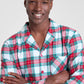 Woven Plaid Pajama Set with Button Front Top and Drawstring Pants, Side Pockets