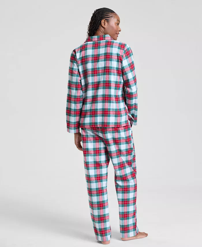 Plaid Pajama Set with Button Front Top and Drawstring Pants, Chest Pocket