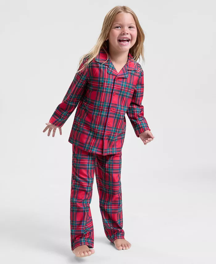 Plaid Button-Front Pajama Set with Elastic Waist Pants for Kids