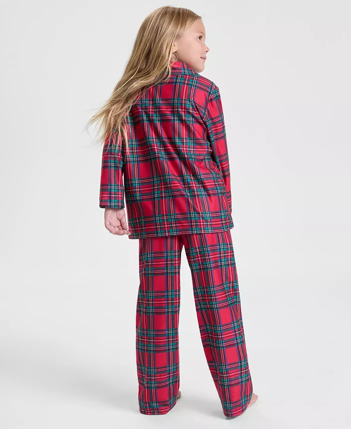 Plaid Button-Front Pajama Set with Elastic Waist Pants for Kids