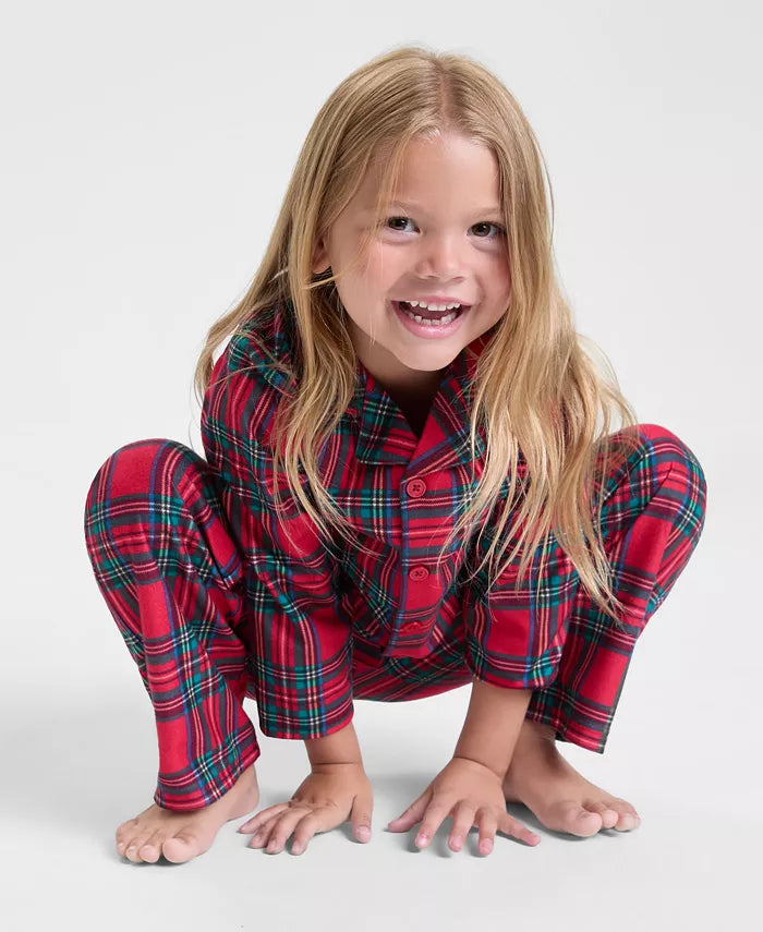 Plaid Button-Front Pajama Set with Elastic Waist Pants for Kids
