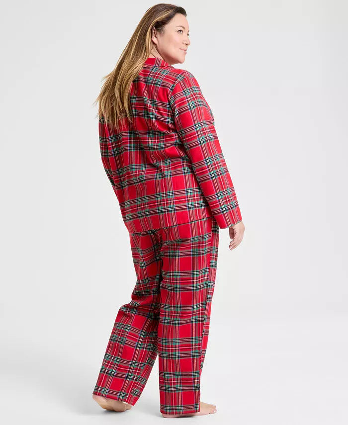 Plaid Flannel Pajama Set with Button Front Top and Elastic Waistband Pants