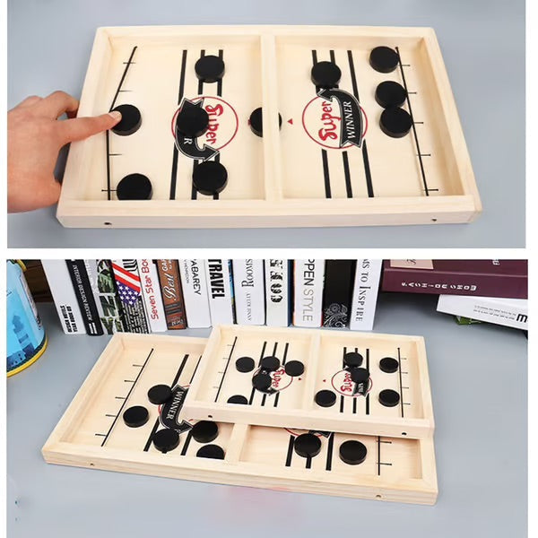 Two Player Wooden Puck Game with Center Gate Target and 10 Pucks
