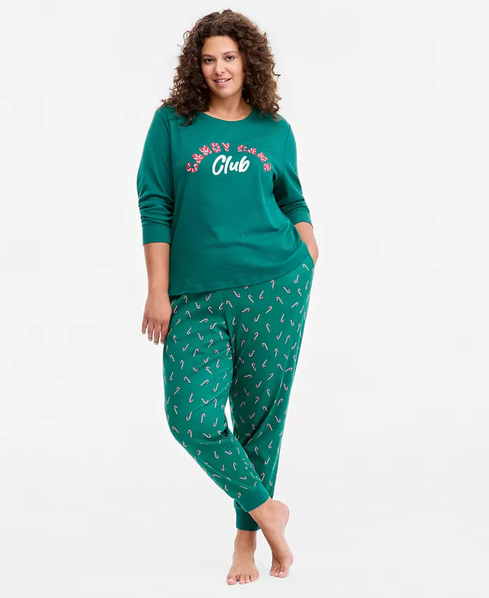 Breathable Crewneck Pajama Set with Side Pockets and Long Sleeves, Festive Holiday Print