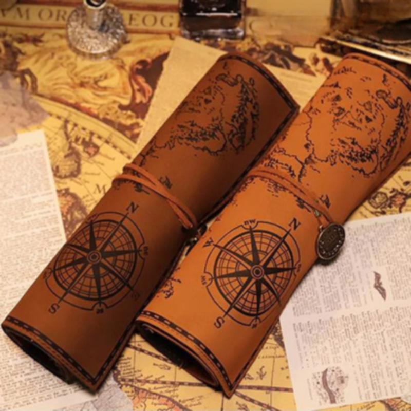Roll-Up Pencil Case with Treasure Map Design and Securing Strap