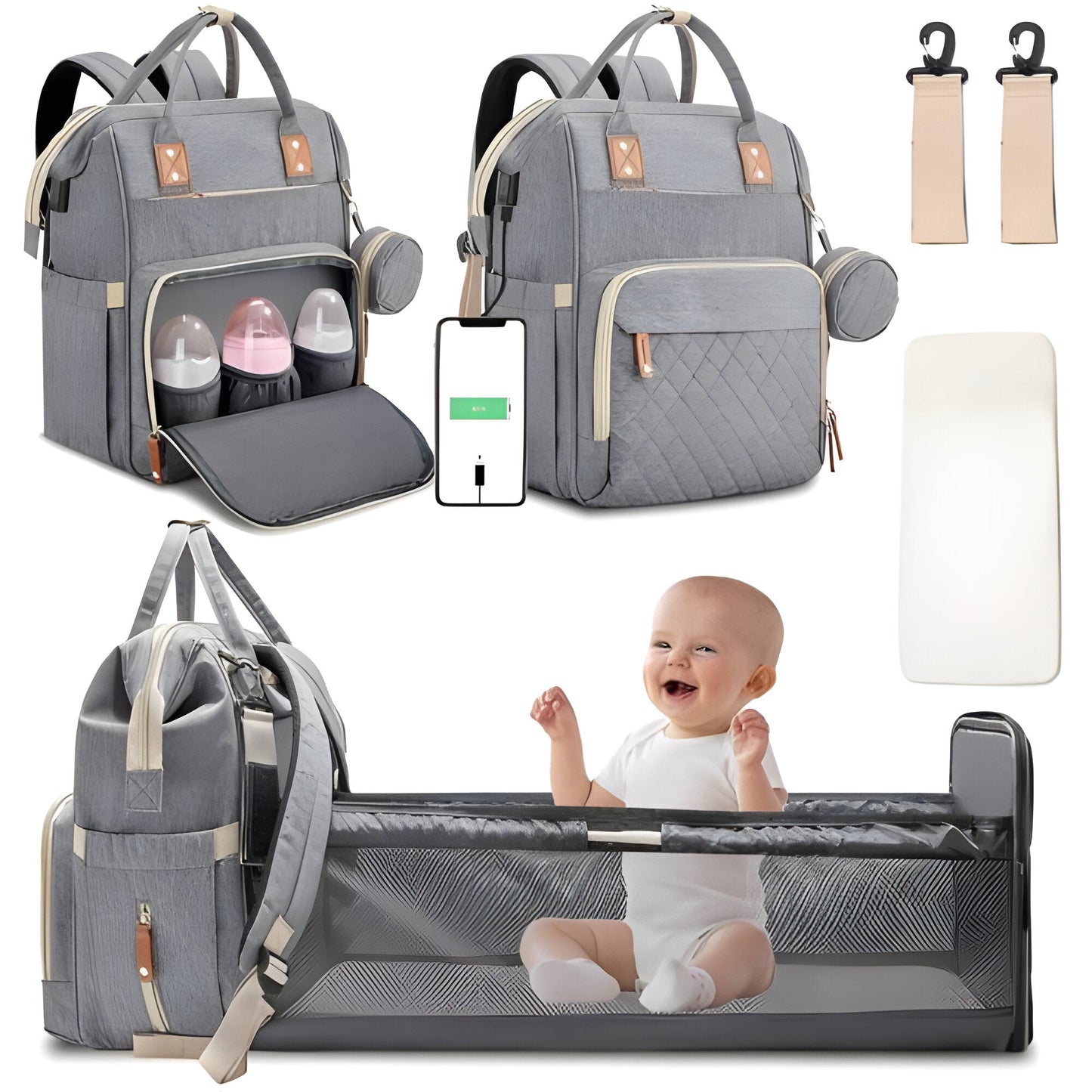 Portable Baby Changing Bag with Convertible Cot and Mosquito Net